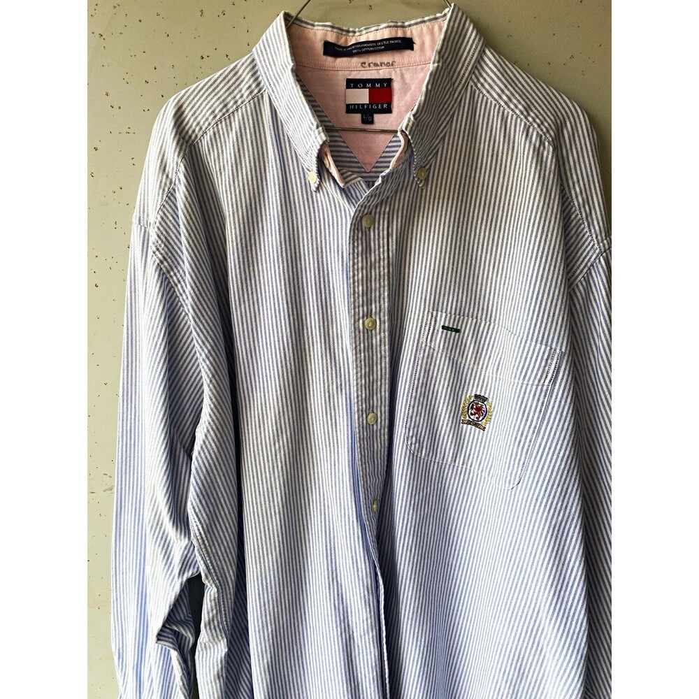 Tommy Hilfiger Blue/White Striped Cotton Button-Down Shirt Pockets L